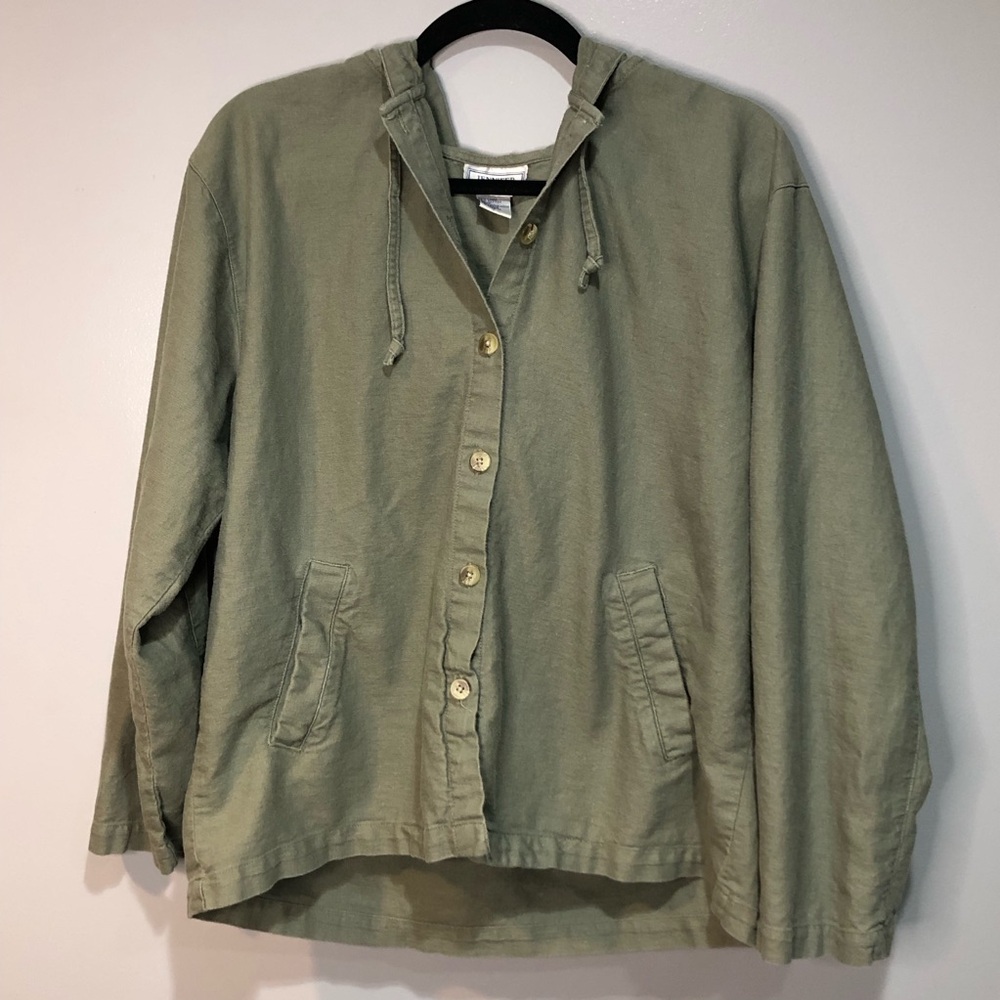 Jennifer Moore Sage Green Long Sleeve Button Up Shirt Hooded Lightweight